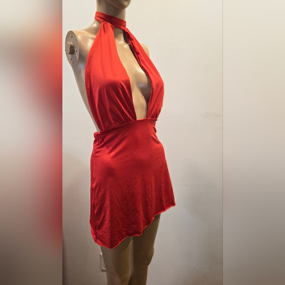 Red Halter Plunge Mini Dress - Small